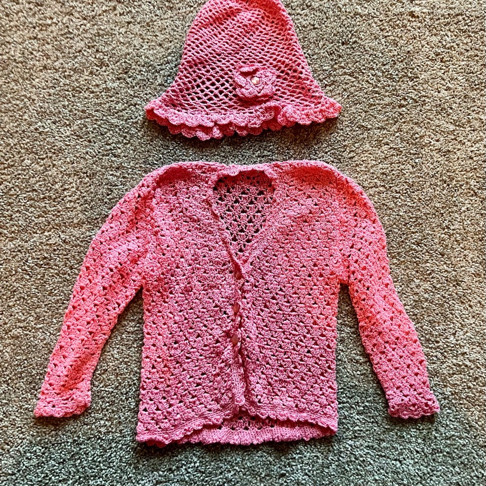 Baby Girls Crochet Cardigan And Hat - Size 12 Months